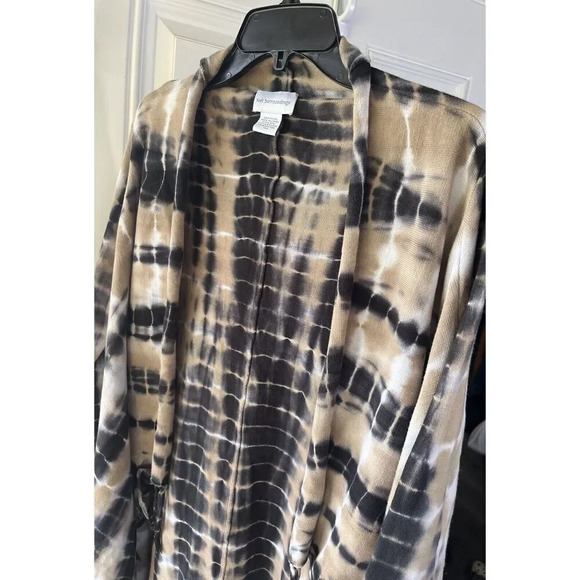 Soft Surroundings Tan Black Tie Die Fringe Drape Cardigan Jacket Size XS TALL - Picture 6 of 6